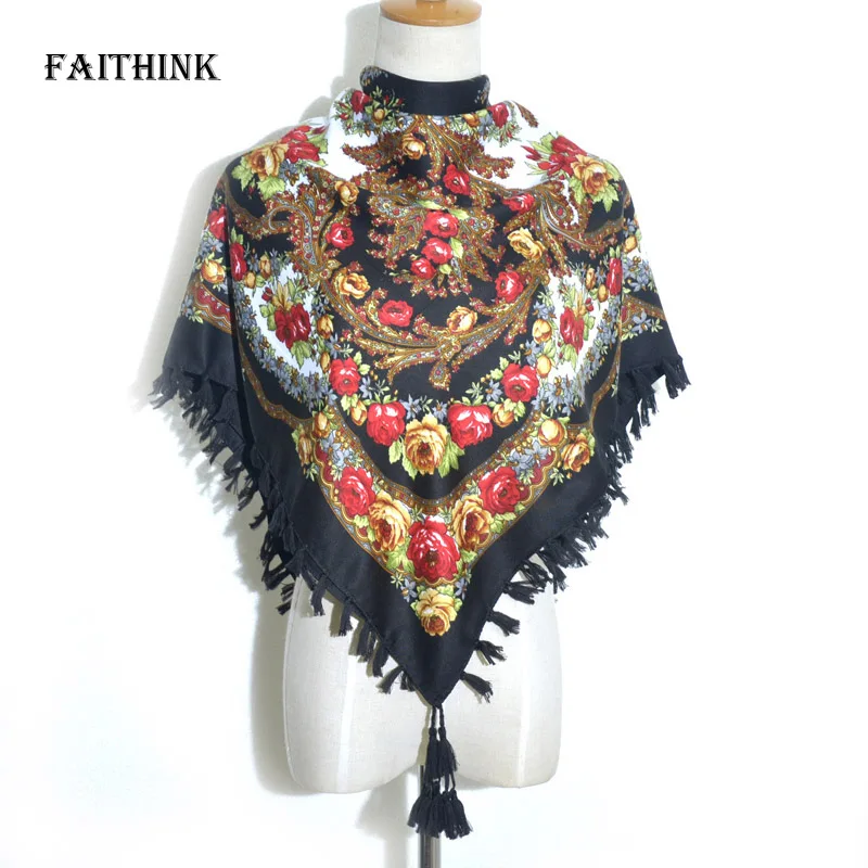 [FAITHINK] Модный женский галстук с цветочным принтом квадратный шарф платок зимний