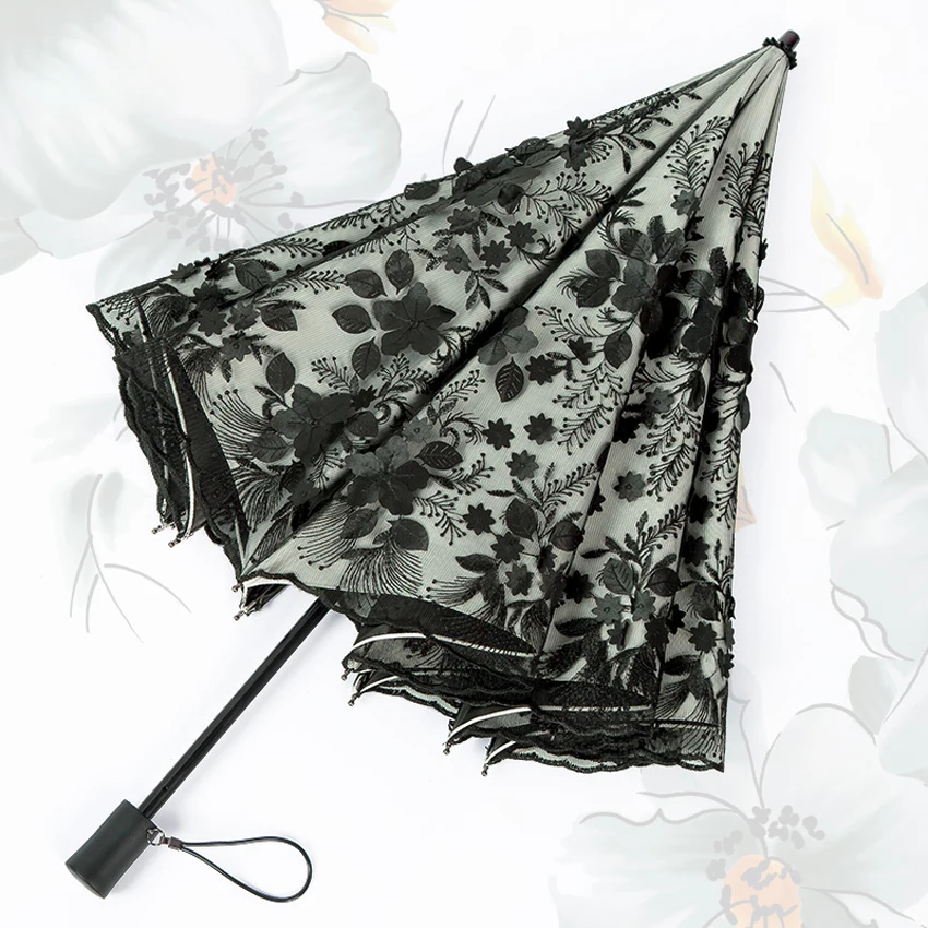 Fashion Dual- Folding Umbrella Lace Embroidery Umbrella Mini Umbrella Rain Women Sun Rain Gear Parasol Princess Wedding umbrella