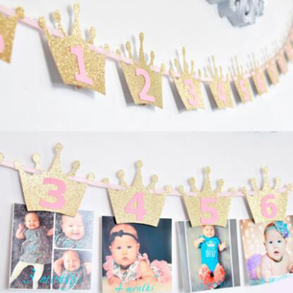 Baby Shower Glitter Crown Birthday Party Glitter Crown Monthly Photo Digital Banner 1-12 Months Garland Garland Party Decor Hot