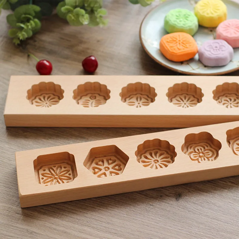 XUNZHE Kitchen Baking Mold 5 Flower Patter Wood Molds Moon Cakes Model Rice Cookies Muffins Make Pastry Helper | Дом и сад