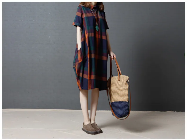 

Women Short Sleeve Plaid Check Long Shirt Dress Round Neck Midi Dress