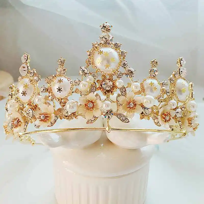 Диадема ручной работы в стиле барокко золотая кремовая жемчужная Корона стразы