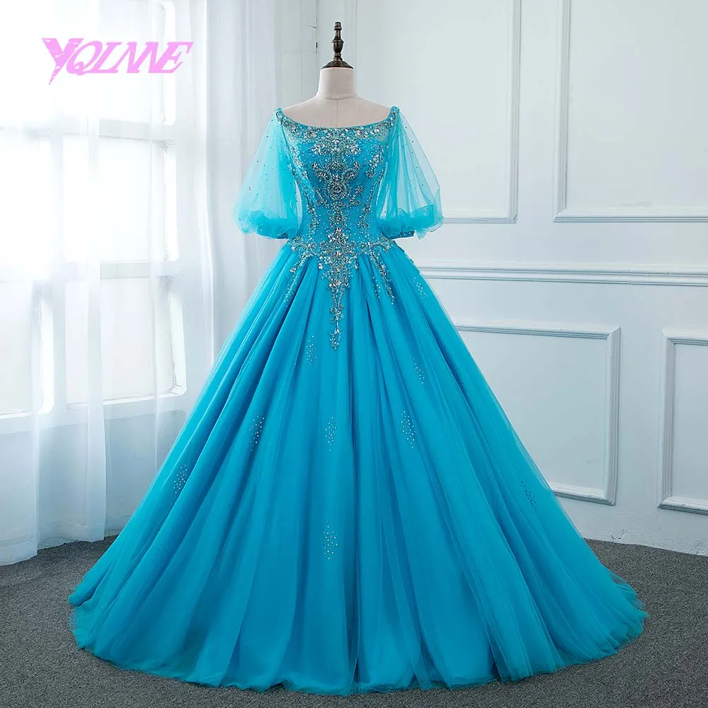 YQLNNE синий бальный наряд бальные платья Quinceanera кристаллами vestidos de 15 сладкий 16 платье; женская обувь на шнуровке с свободная Пышная юбка - Цвет: Синий