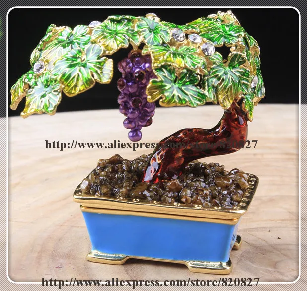 Bonsai Bordeaux Miniature Grape Vine Trinket Jewelry Keepsake Box Tree Handmade Jeweled Enameled Metal Trinket Box