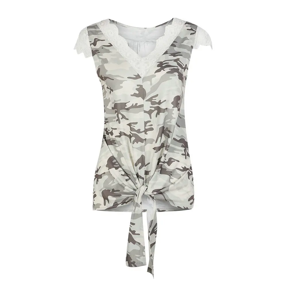 Elegant V Neck Lace Patchwork Camouflage Up Tee Top 2019 Summer Women Clothes Casual Slim Fashion Tees Female | Женская одежда