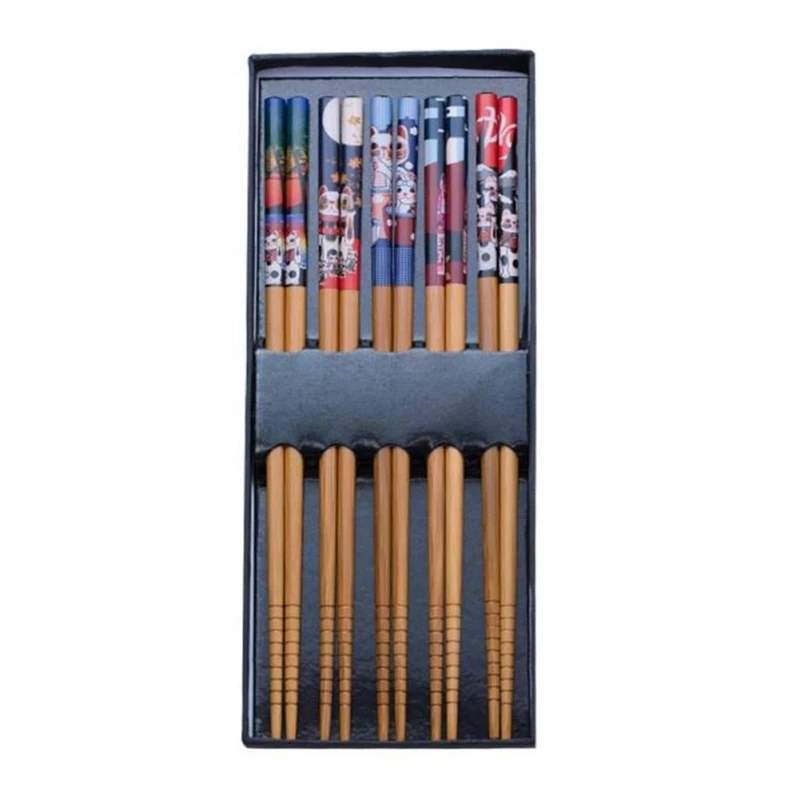 

5 Pairs Useful Japanese Style Bamboo Chopsticks Reusable Lucky Cat Pattern Chopstick For Gift For Fiends