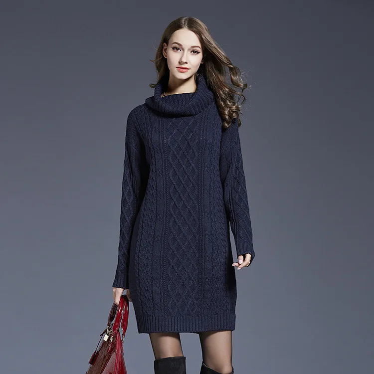 

TUHAO Autumn Winter Turtleneck Large Size Women's Knitted Sweater Dress Long Style Twist Pullover Jumpers Pull Femme TS3061