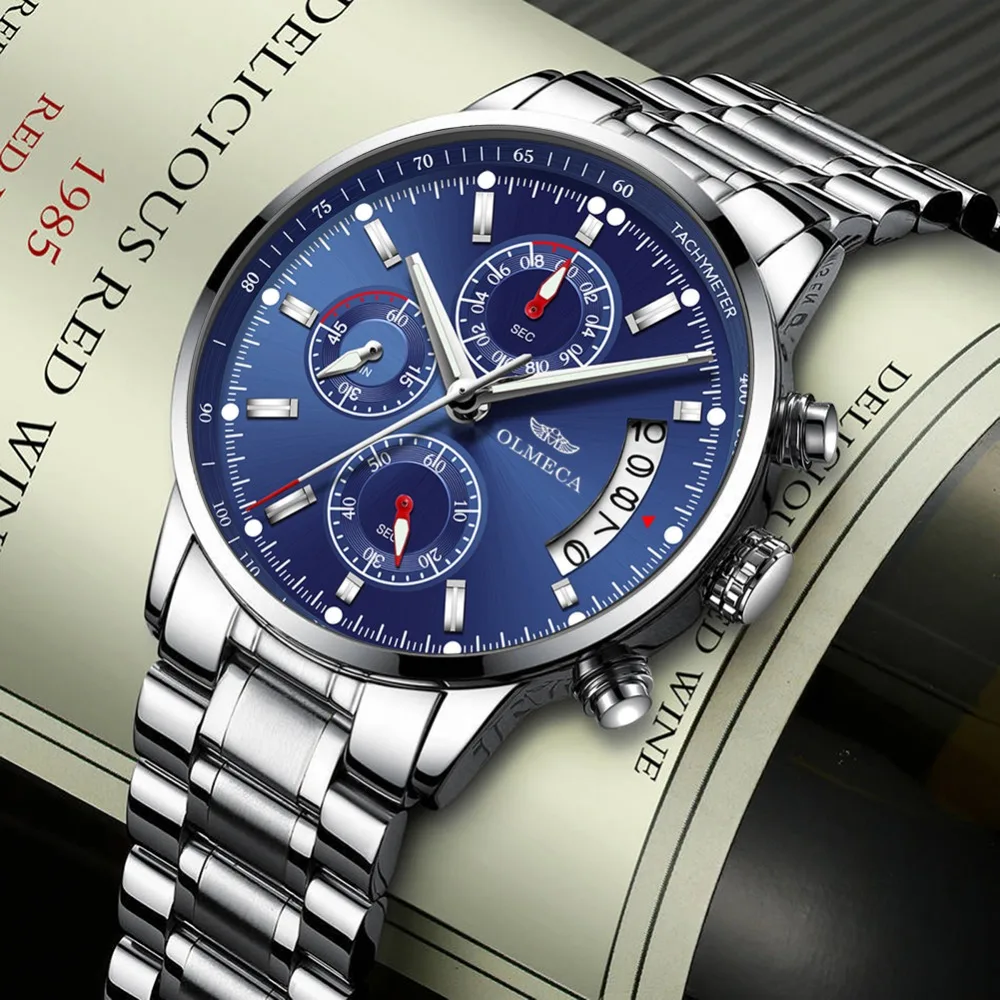 Роскошные деловые мужские кварцевые часы OLMECA 2019 светящиеся водонепроницаемые