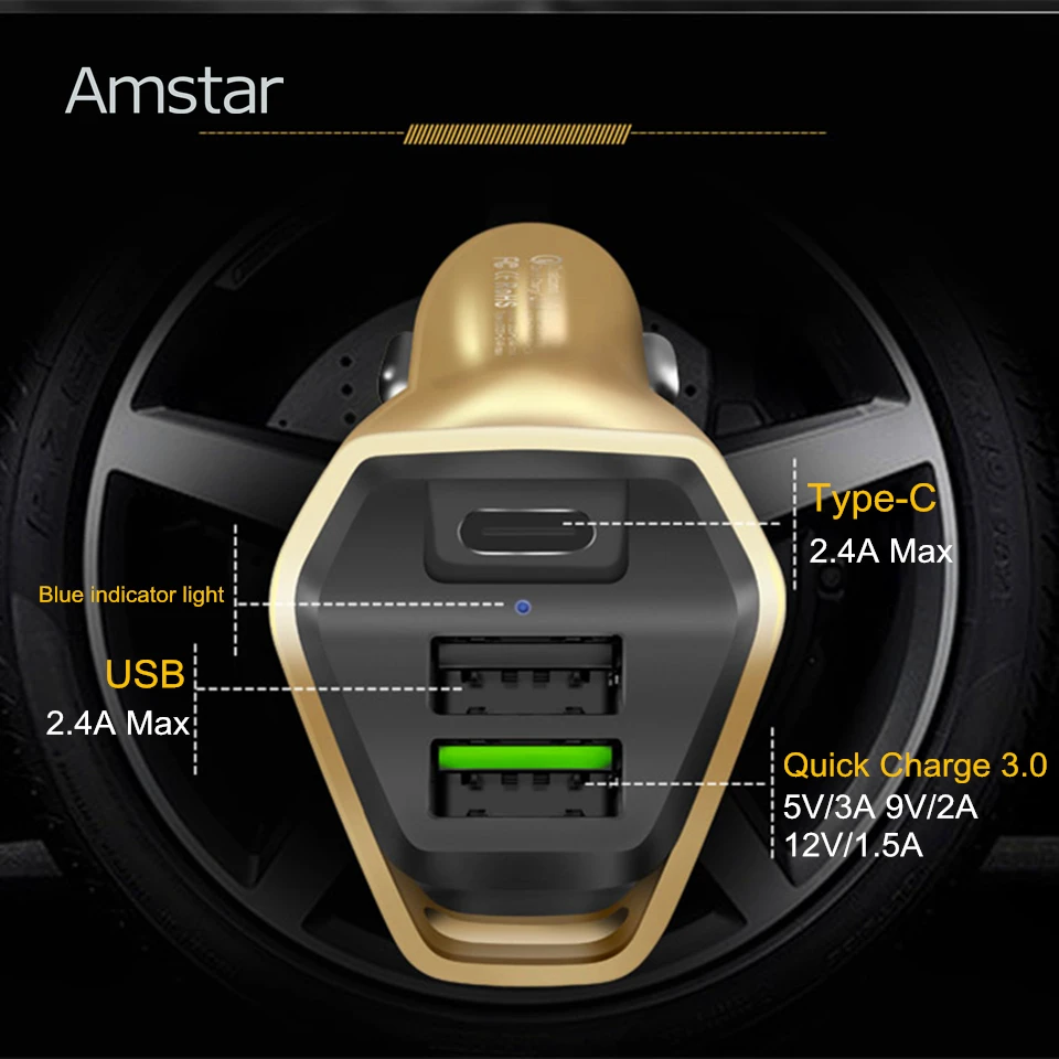 Amstar Quick Charge 3 0 33 W Автомобильное зарядное устройство для iPhone samsung huawei быстрое type C USB