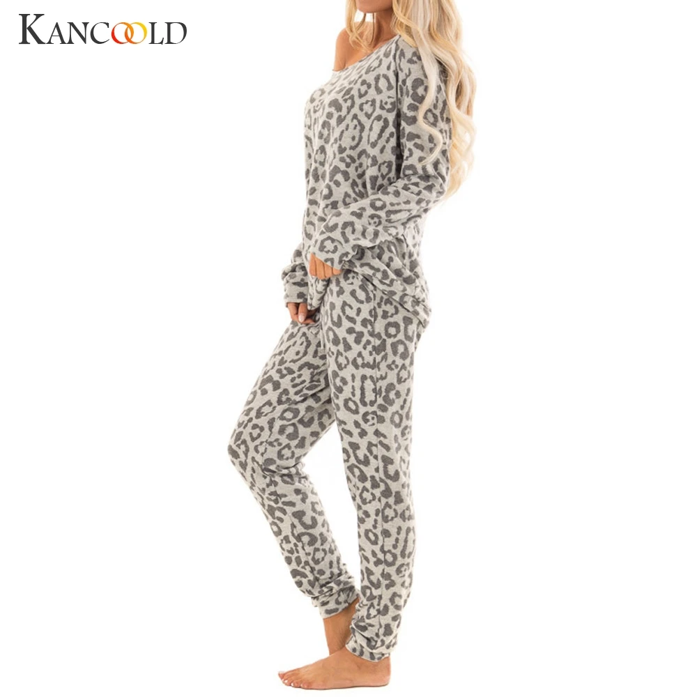 KANCOOLD/женский комплект из 2 предметов, спортивный костюм, штаны с леопардовым принтом, комплекты одежды для отдыха, одежда для отдыха, костюм для отдыха из хлопка, Модный женский комплект 2019FEB5