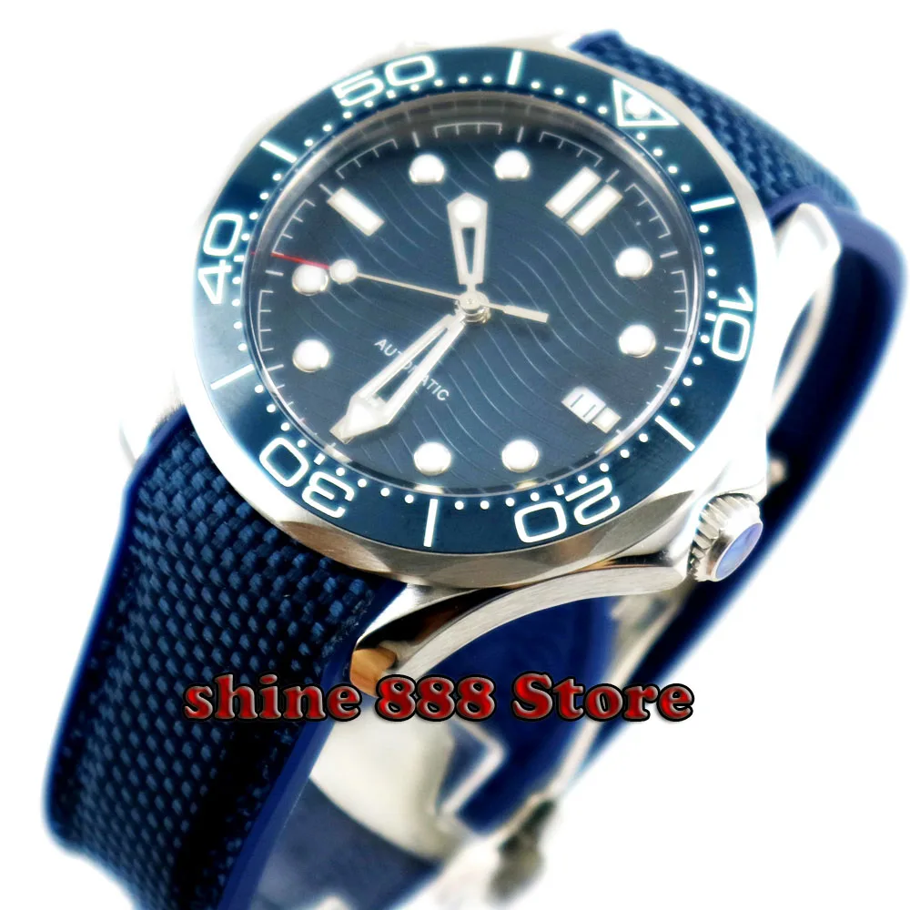 

41mm blue sterile dial bliger sapphire glass date luminous marks blue ceramic bezel automatic mens watch