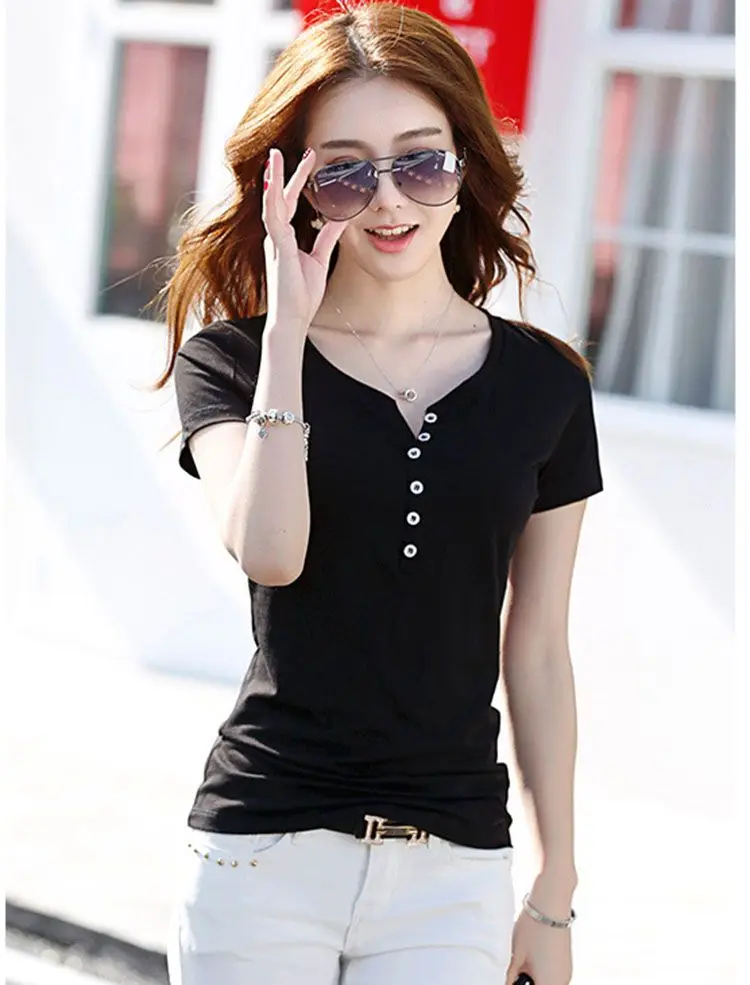 Женская хлопковая Футболка с V образным вырезом коротким рукавом|t shirts for women|matching