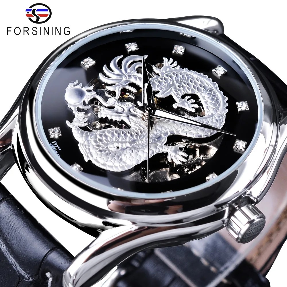 Часы Forsining Silver Dragon Diamond водонепроницаемые мужские часы с кожаным ремешком и