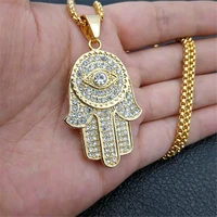 womens mens hamsa hand of fatima necklace gold color stainless steel iced out evil eye pendant chain hip hop turkish jewelry
