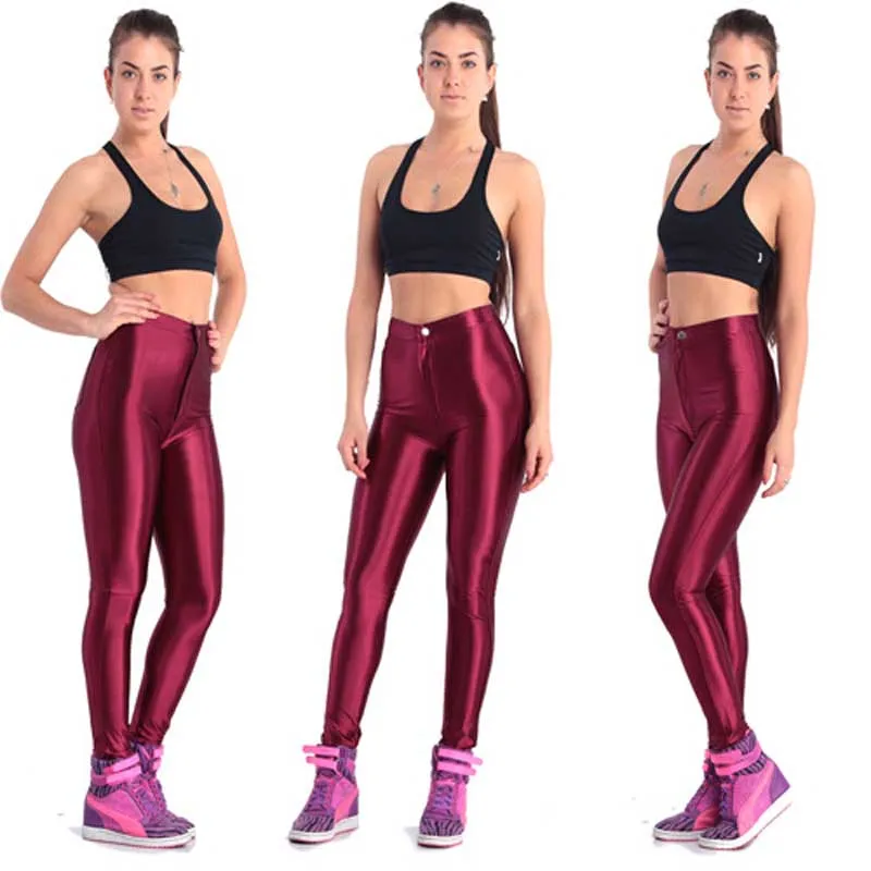 

Fluorescent Leggings Women Casual Solid Shiny Glossy Plus Size Multicolor Pant Sporty Elastic Legging Female Clothes