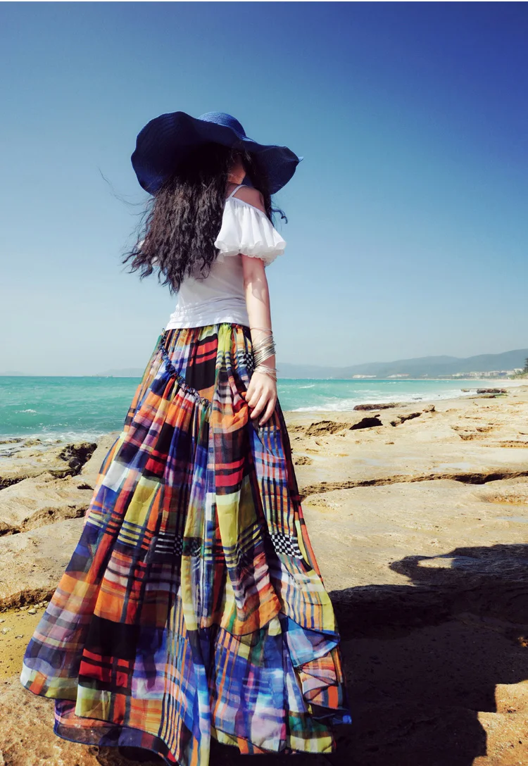 Women Trip Skirt 2018 Summer High Waist Colorful Chiffon Girl Floor Length Beautiful Beach Skirts | Женская одежда