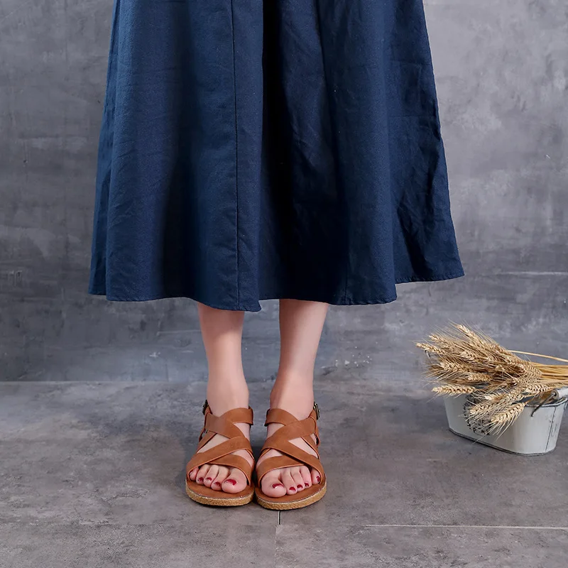 

New Retro Handmade Cow Leather Shoes Sandals Women 2019 Summer Fashion Shoes Woman Comfort Soft Bottom Flat Shoes Women Sandals