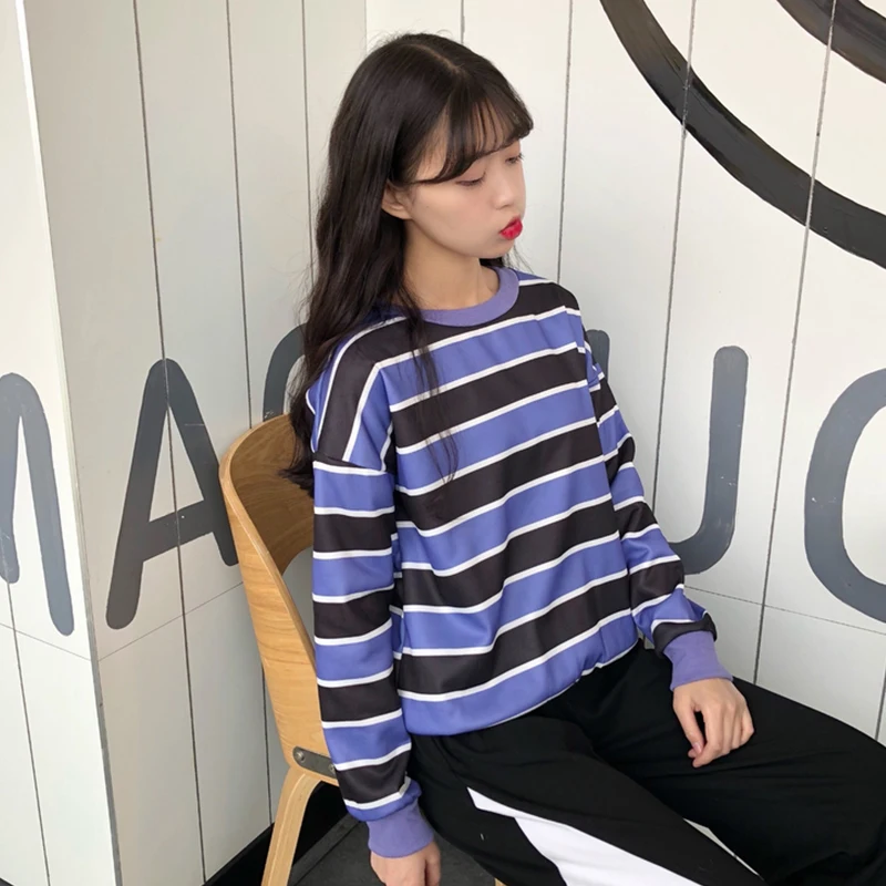 Women Contrast Color Striped Round Neck Casual Top T Shirts Femme Long Sleeve Fashion Harajuku T-shirt Lady Blue Orange | Женская одежда