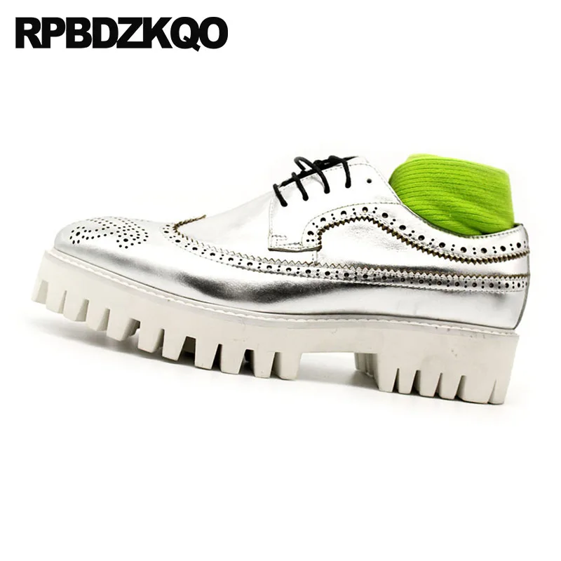 Creepers Men Oxfords Shoes Handmade Genuine Leather Casual Spring High Quality Brogue Luxury Big Size Silver Lace Up Wingtip | Обувь