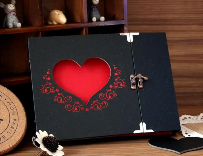 

10 Inch DIY handmade Hollow Love Album 30 black sheets 3 rings photo album baby growing family record Lock albums Children Gift