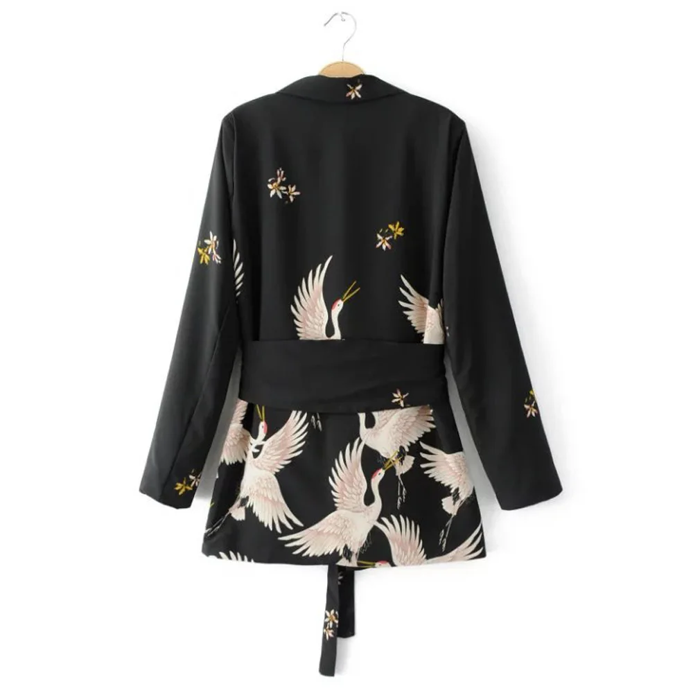 Новинка 2017 блейзеры кимоно с цветочным рисунком кран черный пояс костюм тонкая