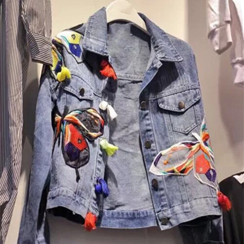 Женская Повседневная джинсовая куртка винтажная Базовая размера плюс с вышивкой