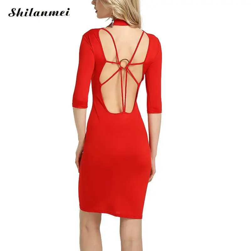 Sexy спинки Половина рукава Bodycon Вышивка Крестом Пакет бедра платье Осенняя мода
