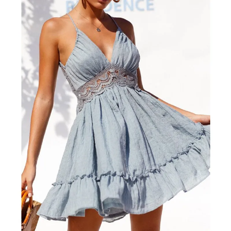Women Summer Lace Hollow Out Floral Pleated Ruffles Backless Dresses Spaghetti Strap V Neck Bohemian Party Elegant Sundress | Женская