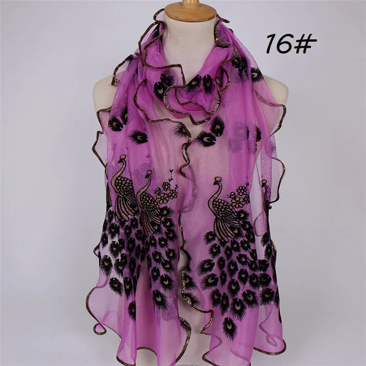 J077 16 Purple YRRETY, дизайн, Женский шифоновый павлиньи перья цветы, вышитый кружевной стильный шарф, Длинный мягкий шарф, шаль, женский шарф - Цвет: J077 16 Purple
