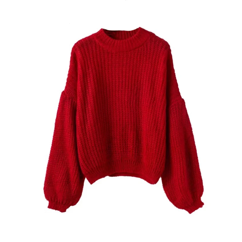 Women Knitted Pullovers Puff Sleeve Sweater Loose Knitting Red Female Autumn Winter Knitwear Casual Jumper WLD499 | Женская одежда