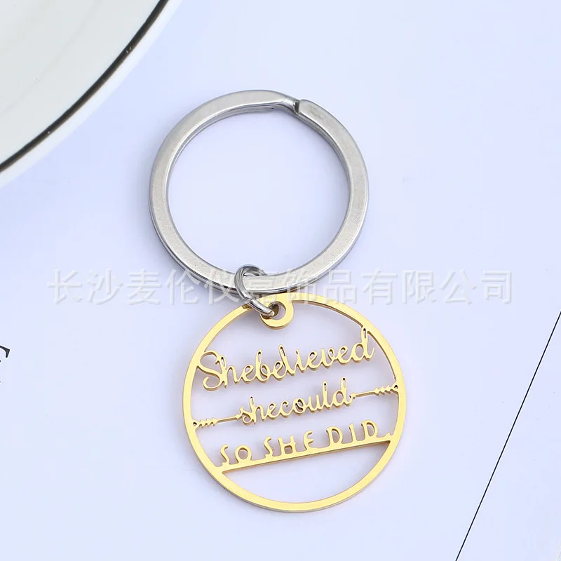 2pcs/lot nature steel gold color key chain Hollow out letters She believed could so did new stainless Car keychain | Украшения и