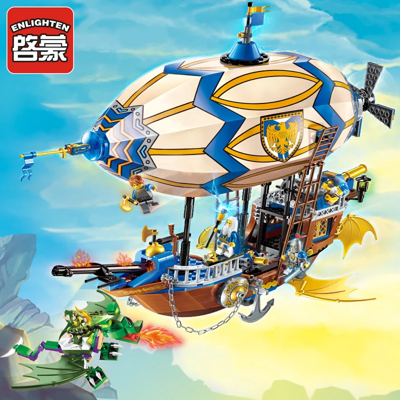 Enlighten Building Block War of Glory Castle Knights Sliver Hawk Balloon Ship 5 Figures 669pcs Educational Bricks Toy Boy Gift | Игрушки и