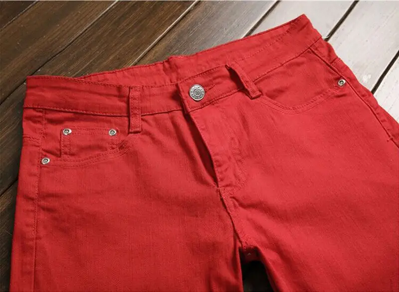 Hirigin Red Jeans Fashion Men Ripped Pants Biker Classic Skinny Fake Zip Straight Denim Streetwear | Мужская одежда