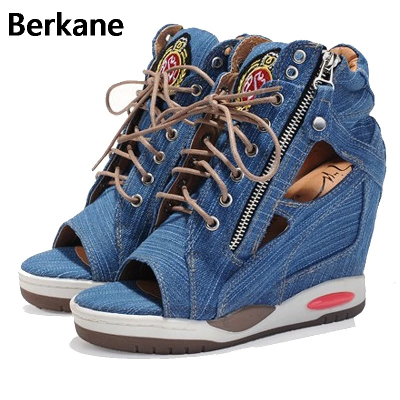 Denim Canvas Gladiator Women's Sandals 2019 Side Zip Peep Toe Summer Fashion High Heel Wedges Female Shoes Ankle Zapatos Mujer | Обувь