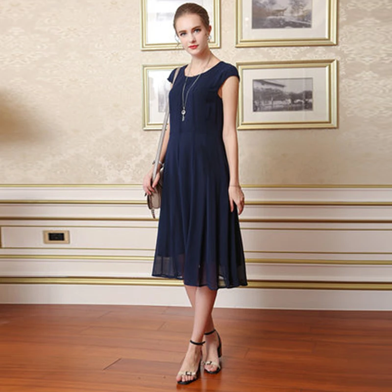 Женское шелковое платье миди VOA повседневное свободное однотонное темно синего
