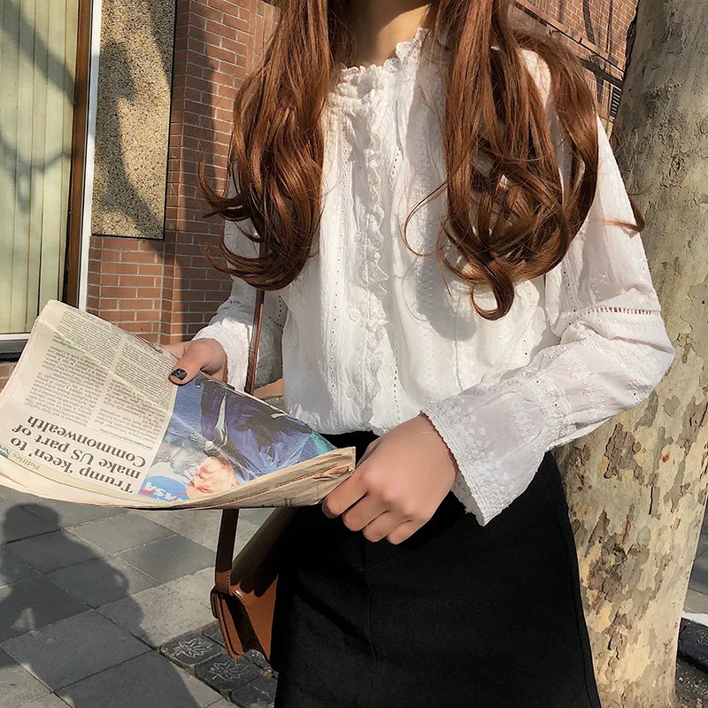 LIZHIQI небольшой свежий белая рубашка женская 2019 Весенняя Новинка вышитые кружева