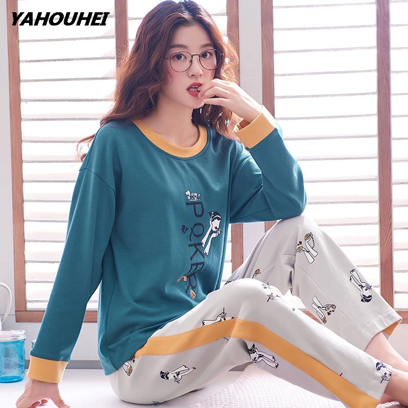 PQKER green Большие размеры, M-3XL, женские пижамные комплекты, хлопок, одежда для сна, весна-осень, пижамы с длинным рукавом, пижамный комплект с круглым вырезом, женские пижамы - Цвет: PQKER green
