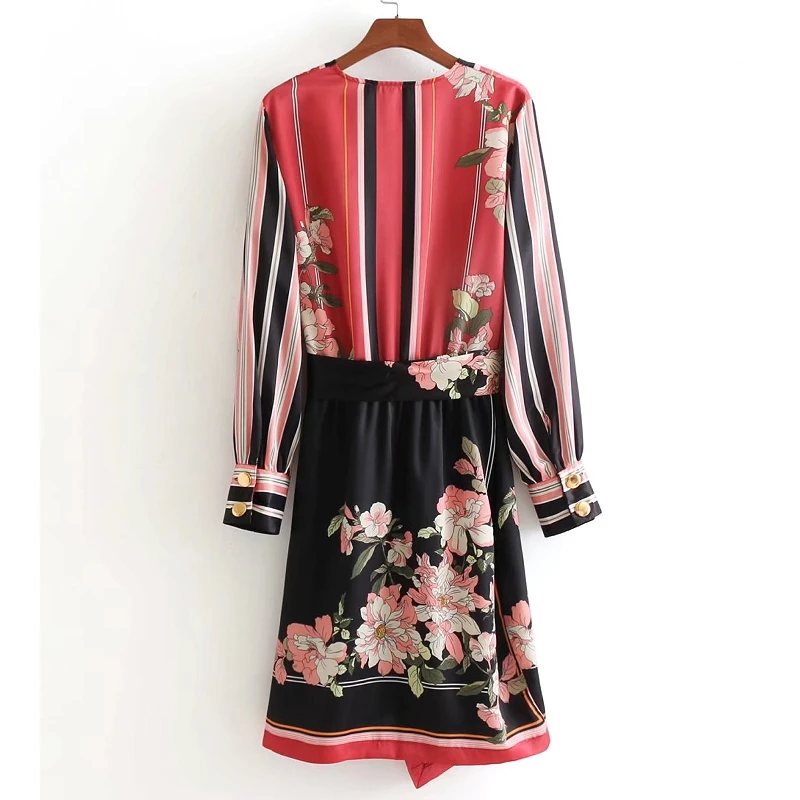 2018 Женские винтажные пикантные V шеи Лоскутная Floral Print Kimono мини-платье модные