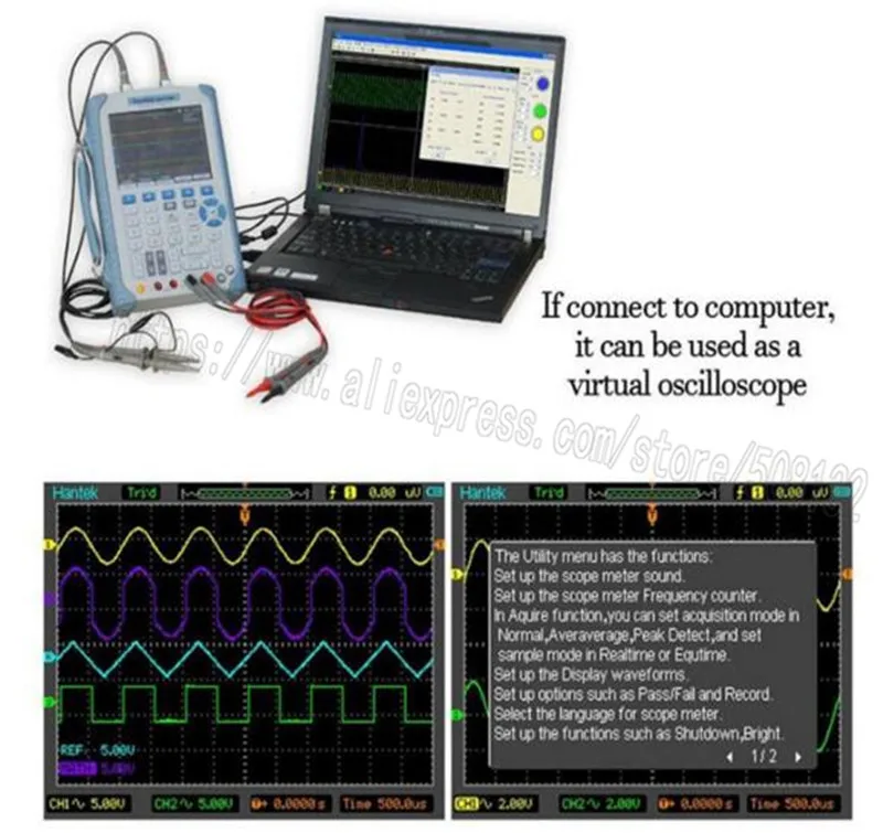 Ручной Osciloscope Hantek DSO8060 60 МГц 2 канала 250MSA/s большой 5 7 дюймовый TFT цветной ЖК