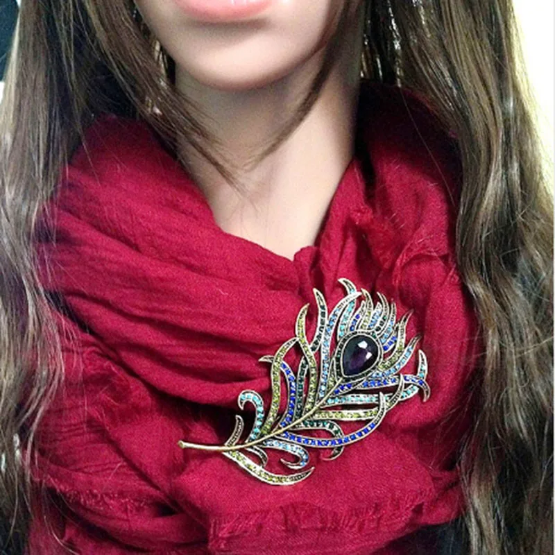 Women Vintage Feather Brooch Pin Antique Crystal Rhinestone Jewelry Accessory |