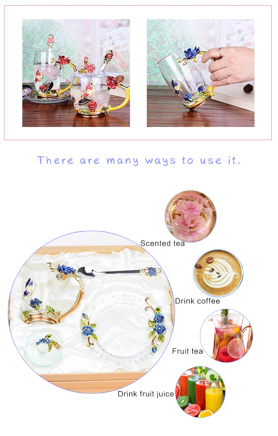 Enamel Color Coffee /Tea Cup Glass Chinese Tea Cup Coffee Mugs Creative Heat-Resistant Glass Cups Set with Stainless Steel Spoon