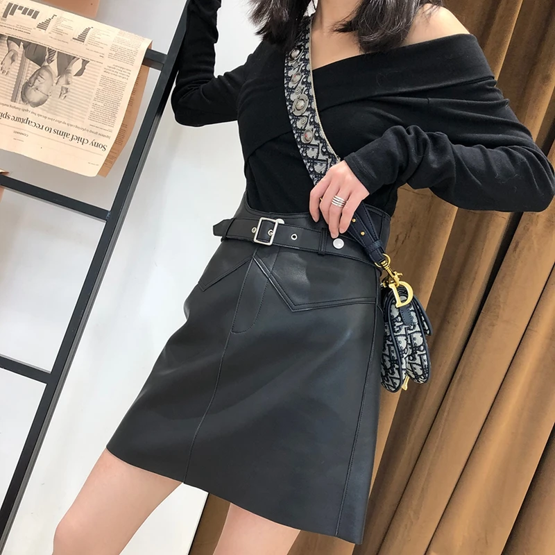 

Hot Sellers Women Skirt Natural 100% Sheepskin Leather 2019 Fashion Knee-Length Skirt Real Sheepskin Leather Sashes Decorate