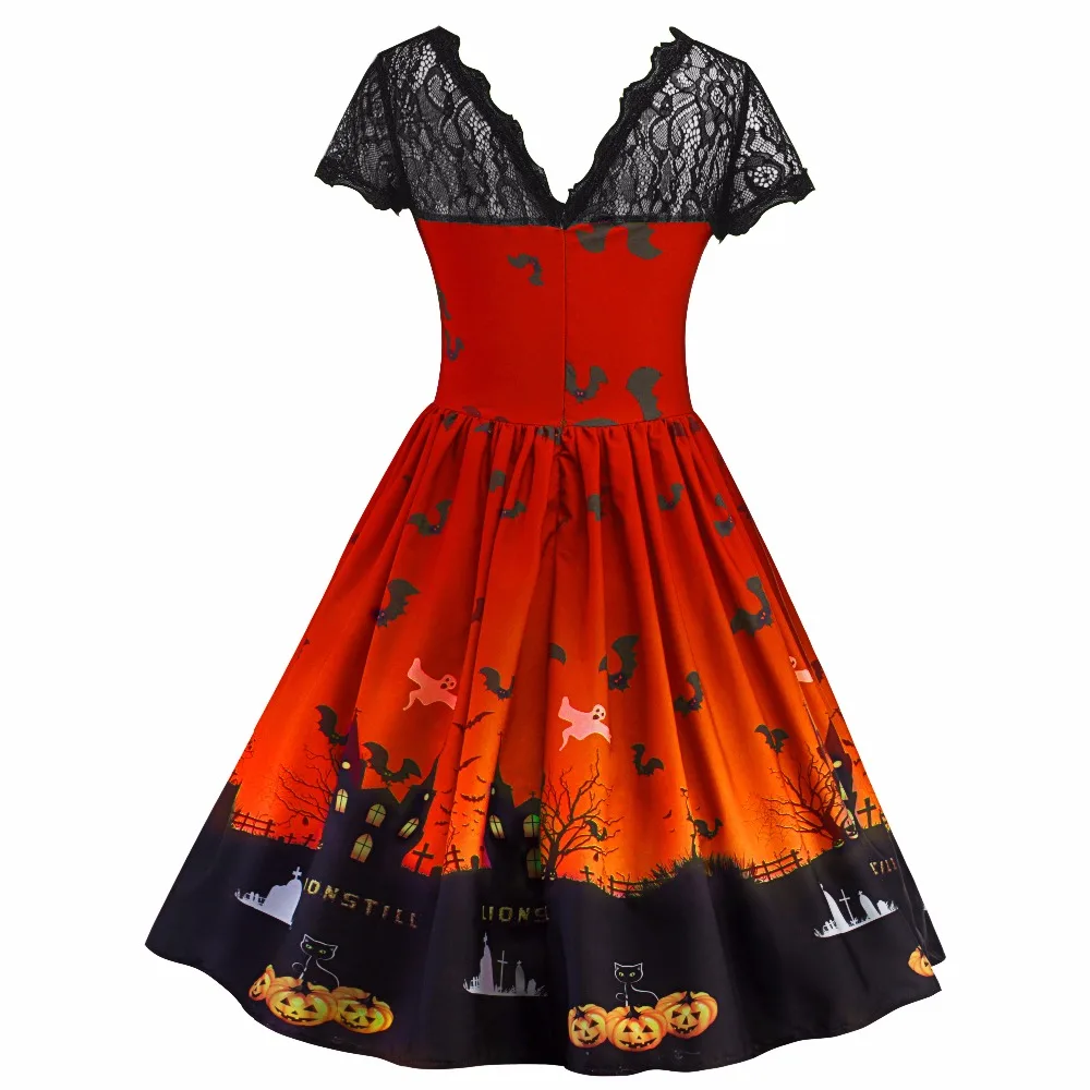 Для женщин ретро Кружева контраст тыквы печати Вечеринка платье рокабилли