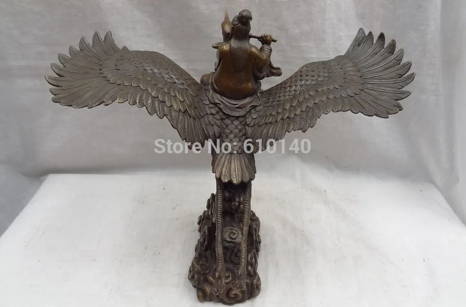 14&quot China Pure Bronze Unhurried Pipe Taoist Priest Ride Fly Crane Cloud Statue | Дом и сад