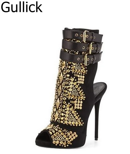 

Summer Shiny Rivets Slingback Short Boots Luxurious Glittering Gold Rhinestone Peep Toe Ankle Booties Triple Strap Buckle Boots