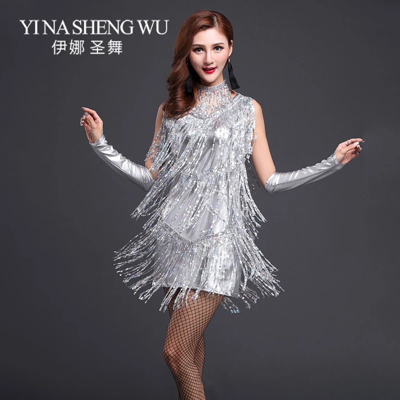 Women Latin Performance lady Dance Clothes Salsa Costume 3pcs Set with Necklace Ballroom tassel Sequin Dresses for Girls | Тематическая