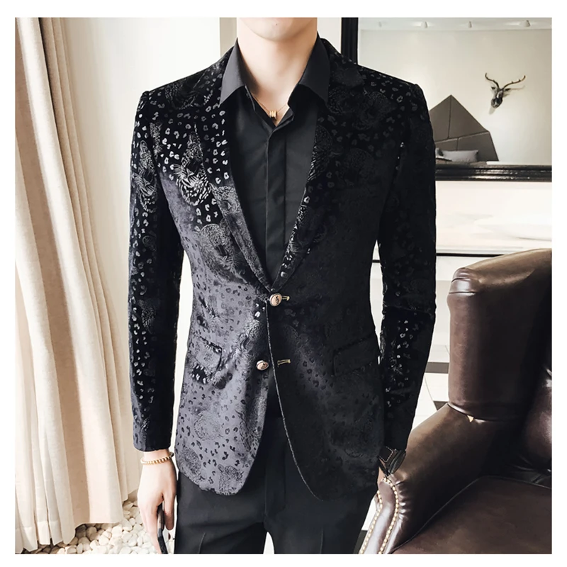 Slim Fit Black Blazer Men 2019 New Arrival Mens Velvet Blazers Floral Prom Dress Casual and Suit Jacket Q24 | Мужская одежда