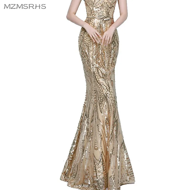 

MZMSRHS Robe De Soiree Slim Mermaid Gold Scoop Neck Sequined Long Evening Dresses Fashion Short Sleeves Prom Party Dresses