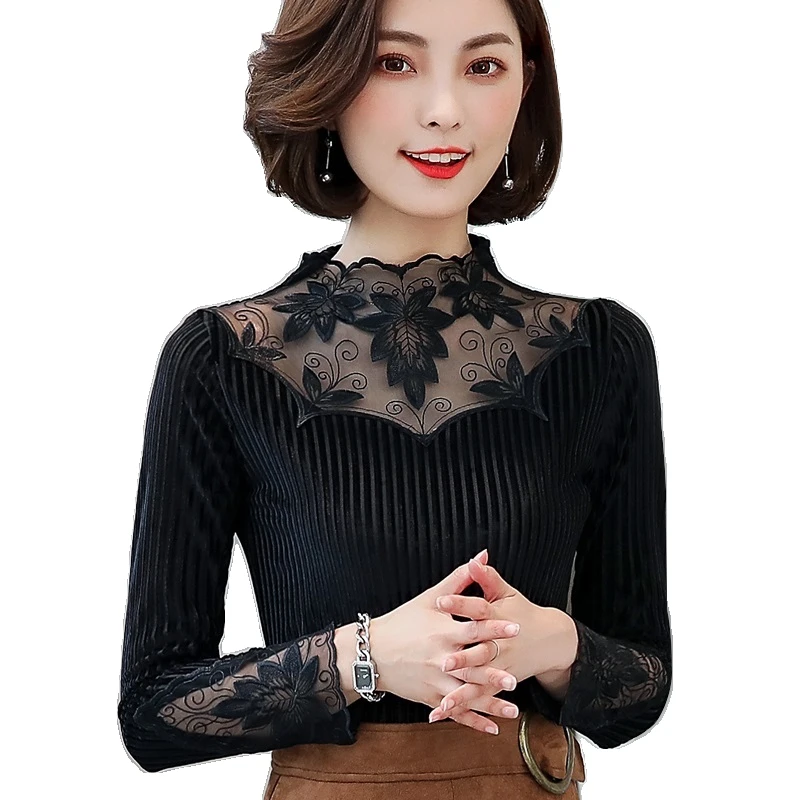 Осенне зимняя женская футболка новинка 2018 модная кружевная простроченная