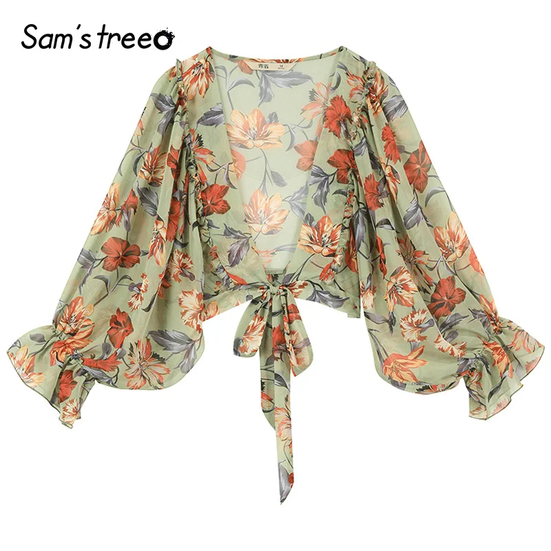 Multi Samstree винтажный женский короткий топ с цветочным принтом Летние шифоновые женские блузки на шнуровке модные повседневные офисные женские рубашки - Color: Multi